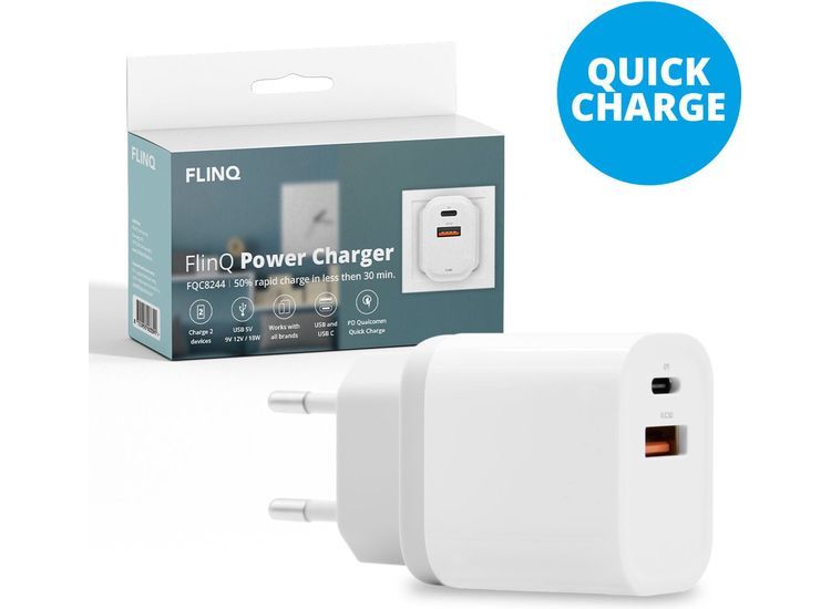 FlinQ 18W USB-C Adapter Oplader – Snellader voor iPhone & Samsung – Wit