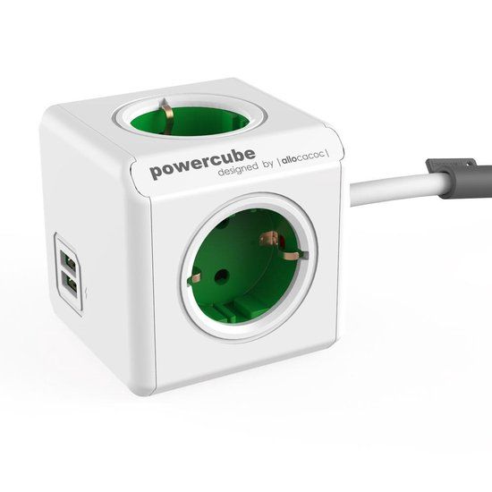 PowerCube Extended Duo USB - 1.5 meter kabel - Wit/Groen - 4 stopcontacten - 2 USB laders - NL\/DE (Type F)