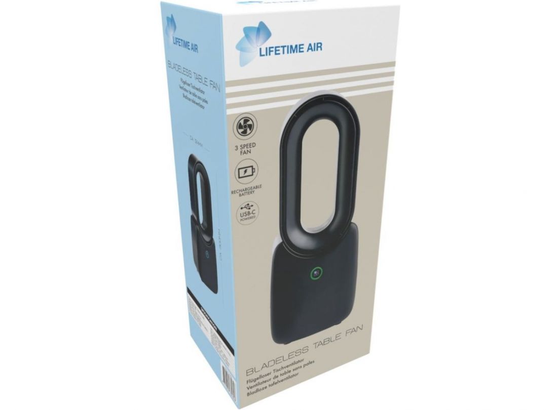 Lifetime Air Bladeloze Ventilator - Stille Ventilator Met Drie Snelheden - Draadloze Bureau Ventilator - Tafel Ventilator met LED Mood Light - USB-C Oplaadbaar - Compact Design - 5W - Zwart