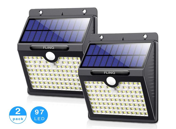 wraak Cerebrum Afdeling FlinQ Solar Buitenlamp met Bewegingssensor - 97 LEDs - Wit Licht  -Tuinverlichting op Zonneenergie - IP65 Waterdicht - Voor Tuin/Wand/Oprit -  2 Stuks | Dealdonkey