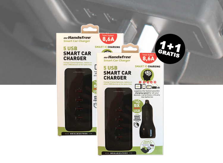 Mr Handsfree 5USB smart car charger 8.6A zwart 1+1 Gratis