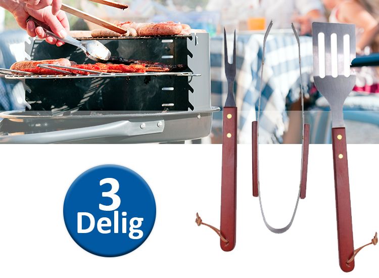 Barbecue accessoire set - 3-delig - Roestvast staal met houten handvatten
