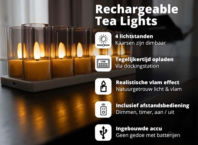 12 FlinQ Oplaadbare Waxinelichtjes - Led Kaarsen met Bewegende Vlam
