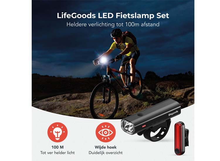 LifeGoods LED Fietsverlichting Set - Voorlicht en Achterlicht - USB Oplaadbaar - Zwart