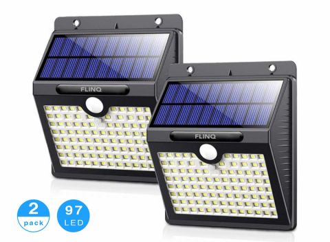FlinQ Solar Buitenlamp met Bewegingssensor - 97 LEDs - Wit Licht -Tuinverlichting op Zonneenergie - IP65 Waterdicht - Voor Tuin/Wand/Oprit - 2 Stuks