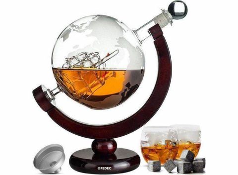 Fedec Whiskey Decanteerkaraf - Wereldbol - Luxe Whiskey Karaf Set - 0,8 L - Incl. 8 Whisky Stones & Schenktuit
